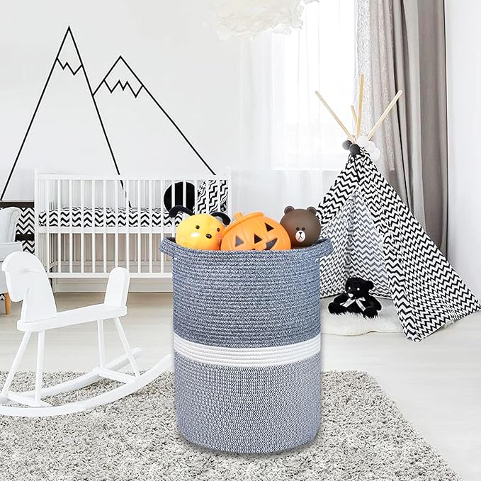 Large Blanket Basket, Nursery Hamper, Tall Laundry Basket 72L, Cotton Rope Woven Laundry Hamper for Storage Toys Clothes Towels, 16”x 22”, Blend Navy Blue & White