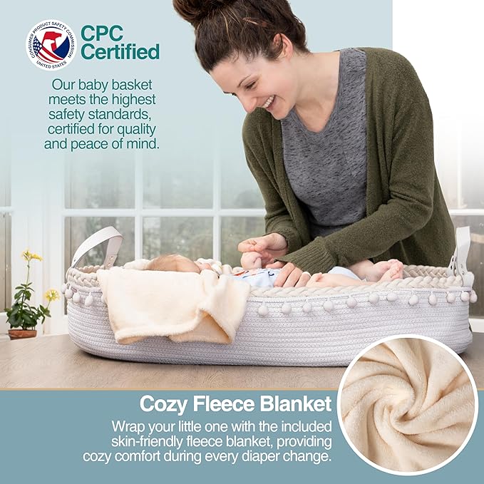 Baby Changing Basket - Portable Changing Pad for Dresser - Foldable Moses Basket for Babies - Includes Thick Pad, Felt Letter Board, Waterproof Pad Covers, Fleece Blanket, Cotton Carry Bag