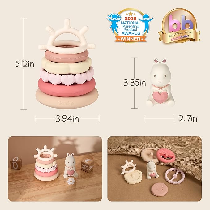 Moonkie Bunny Baby Stacking Toys | 7-Piece Silicone Rings for Teething Relief | Educational Toy for Infants & Toddlers 6 Months+ | Baby Girl Essentials