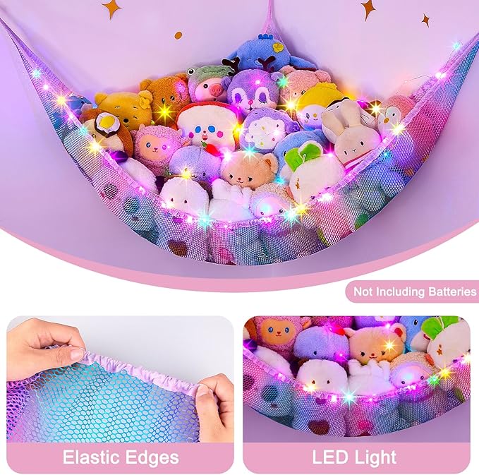 Unicorn Castle Stuffed Animals Net or Hammock Kids Toy Storage Organizer with LED Light Hanging Corner Stuffed Animals Holder Kids Girls Room Decor,Pink-Blue-Purple,Large-Pack of 1