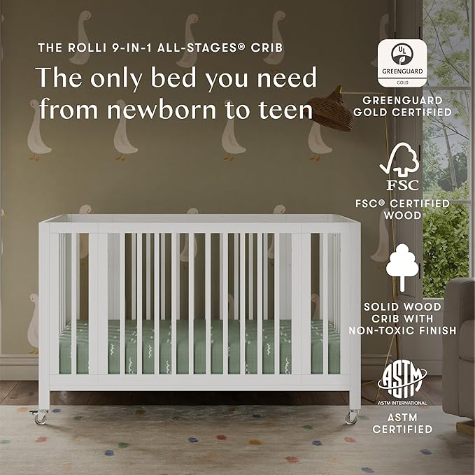 babyletto Rolli 9-in-1 Convertible Baby Crib w/Wheels - Includes Pad & Conversion Kits for Bassinet, Standard Crib, Toddler Bed, Daybed & Junior Bed - GREENGUARD Gold - 3 Adjustable Heights - White