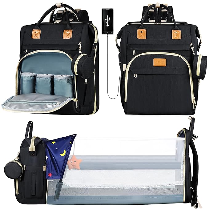 Diaper Bag Backpack for Mom and Dad, Large Capacity Baby Travel Bag with USB Charging Port, Waterproof Foldable Baby Bag for Boys and Girls, Stylish Maternity Backpack for Travel & Hospital，Black