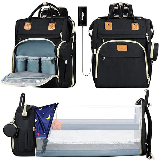Diaper Bag Backpack for Mom and Dad, Large Capacity Baby Travel Bag with USB Charging Port, Waterproof Foldable Baby Bag for Boys and Girls, Stylish Maternity Backpack for Travel & Hospital，Black