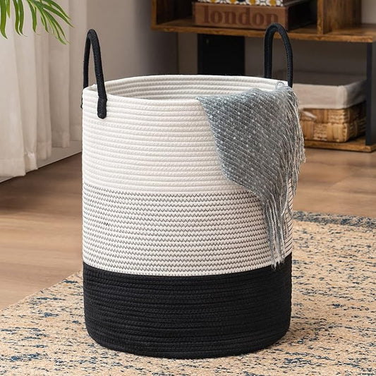 YOUDENOVA Woven Rope Laundry Hamper Basket, 72L Tall Laundry Basket, Baby Nursery Hamper for Blanket Storage in Bedroom-Large-Dark White