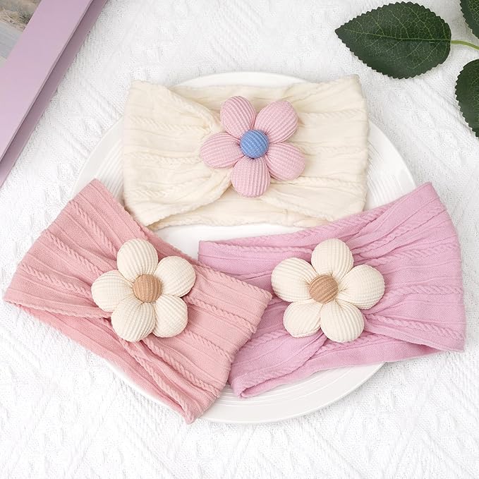 CÉLLOT 3 Pcs Baby Girl Headbands with Flower Nylon Headbands Soft Stretchy Headwear Hair Accessories for Newborn Infant Toddler Kids (Pink Beige Salmon)