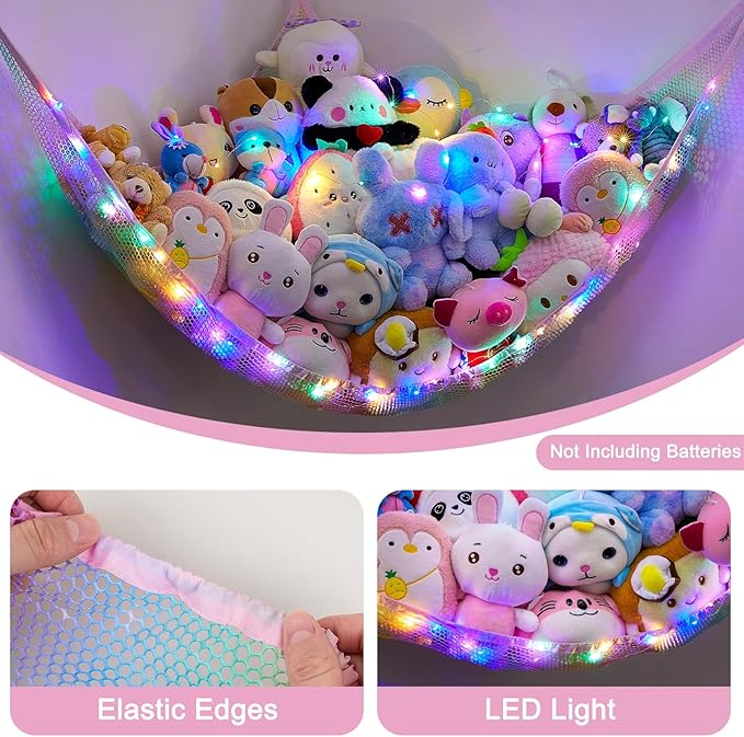 Unicorn Castle Stuffed Animals Net or Hammock Kids Toy Storage Organizer with LED Light Hanging Corner Stuffed Animals Holder Kids Girls Room Decor (Pack of 1)