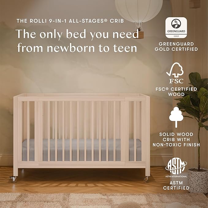 babyletto Rolli 9-in-1 Convertible Baby Crib w/Wheels - Includes Conversion Kits for Bassinet, Standard Crib, Toddler Bed, Daybed & Junior Bed - GREENGUARD Gold - 3 Adjustable Heights, Washed Natural