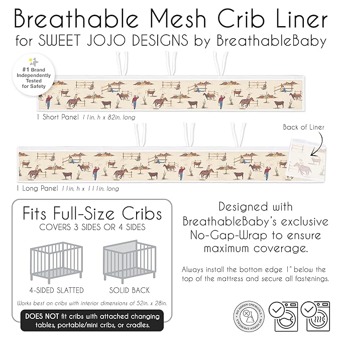Sweet Jojo Designs + BreathableBaby 2-Piece Breathable Mesh Crib Liner Set (Western Cowboy) for Boys, Baby, Infants/Newborn Nursery (Tan, Brown, Wild West, Southern, Horse, Cow, Animal, Desert, Red)
