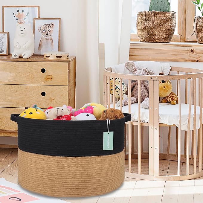 Extra Large Blanket Basket 87L, Laundry Hamper, Baby Nursery Hamper for Storage Toys Clothes Towels, Large Cotton Rope Laundry Basket for Girls Boys, 22”x 14”, Black & Jute