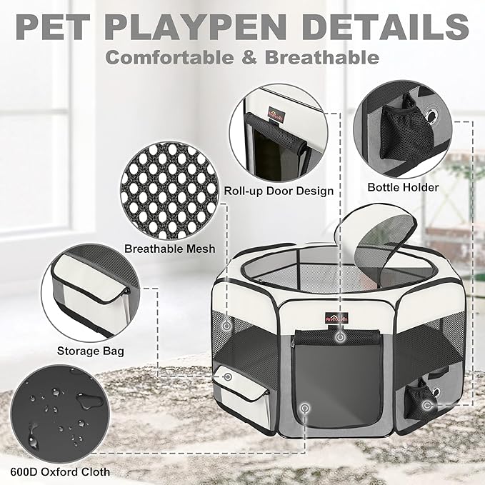 Aivituvin Dog Playpen Foldable Waterproof Pet Play Pens for Cat, Puppies, Rabbits, Chickens, Durable Portable Pet Tent for Travel Camping Indoor/Outdoor Grey XL