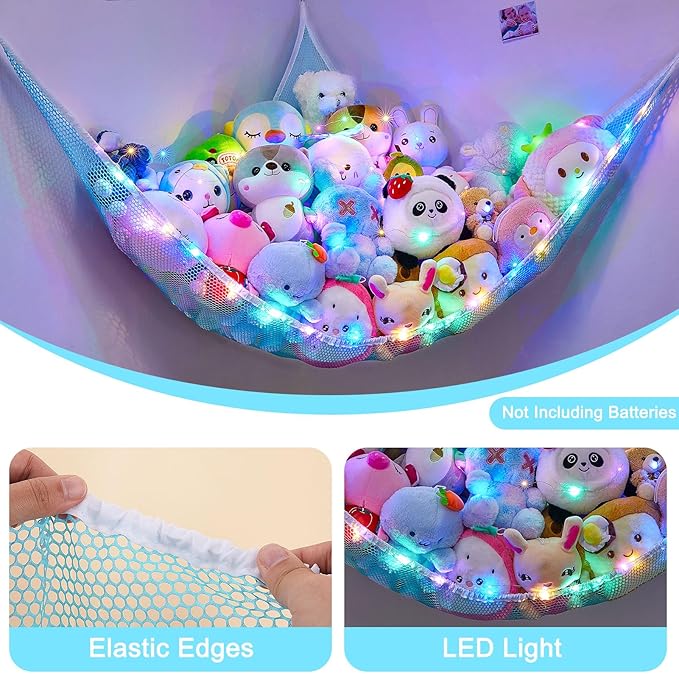 Unicorn Castle Stuffed Animals Net or Hammock Kids Toy Storage Organizer with LED Light Hanging Corner Stuffed Animals Holder Kids Girls Room Decor (Pack of 1)