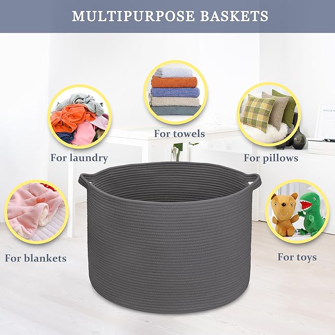 Extra Large Blanket Basket 87L, Laundry Hamper, Baby Nursery Hamper for Storage Toys Clothes Towels, Large Cotton Rope Laundry Basket for Girls Boys, 22”x 14”, Dark Gray