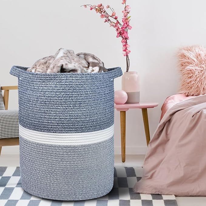 Large Blanket Basket, Nursery Hamper, Tall Laundry Basket 72L, Cotton Rope Woven Laundry Hamper for Storage Toys Clothes Towels, 16”x 22”, Blend Navy Blue & White