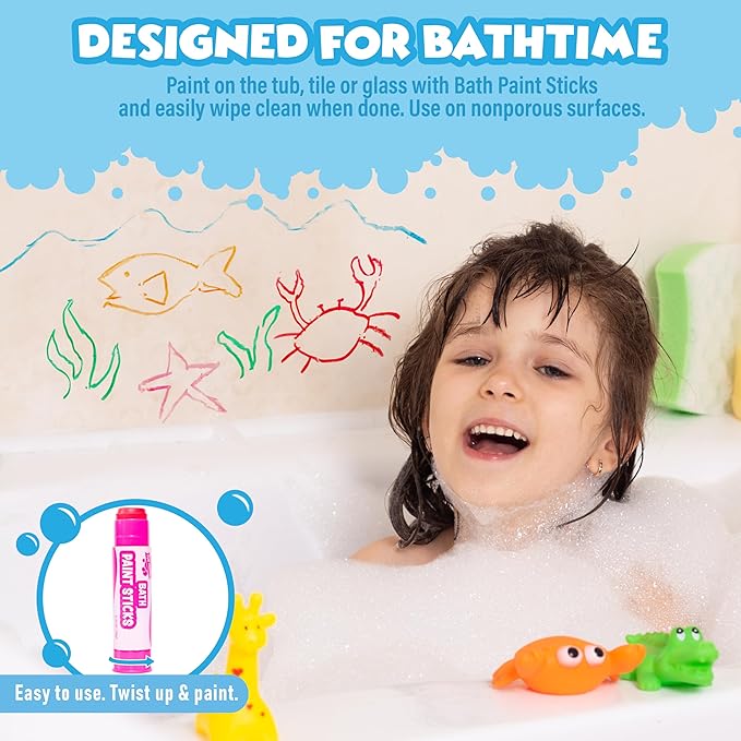 Tub Works® Kids Bath Toy Set | Nontoxic | Fizzy Bath Color Tablets (150 Count), Smooth™ Bath Crayons (12 Pack), Bath Paint Soap (6 Pack), Bath Paint Sticks™ (12 Pack) & Bath Slime Body Wash (4 Pack)