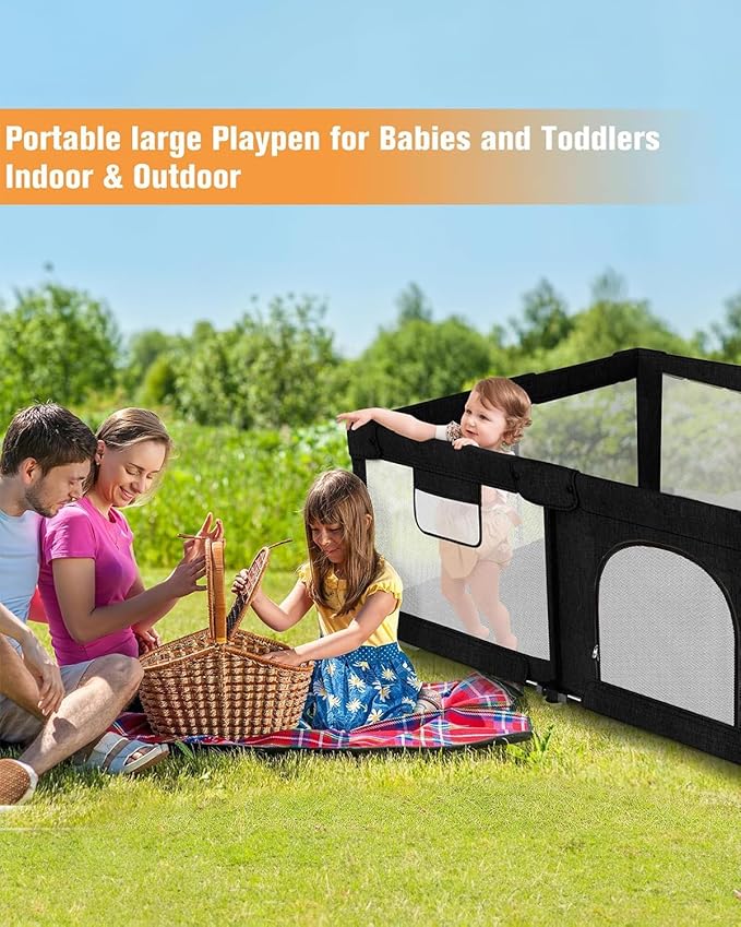 Foldable Baby Playpen with Gate, Extra Large Collapsible Play Yard for Babies & Toddlers, Portable Travel Playpen, Baby Activity Center for Indoor & Outdoor Use (Black 59"×71")