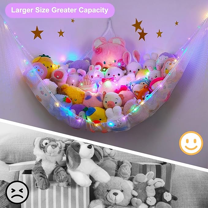 Unicorn Castle Stuffed Animals Net or Hammock Kids Toy Storage Organizer with LED Light Hanging Corner Stuffed Animals Holder Kids Girls Room Decor (Pack of 1)