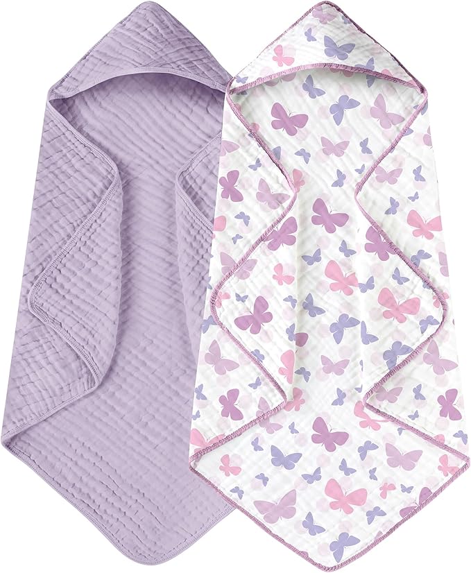 Yoofoss Hooded Baby Towels for Newborn 2 Pack 100% Muslin Organic Cotton Baby Bath Towel with Hood for Babies, Infant, Toddler and Kids, 32x32Inch, Soft and Absorbent Newborn Essential, Butterfly