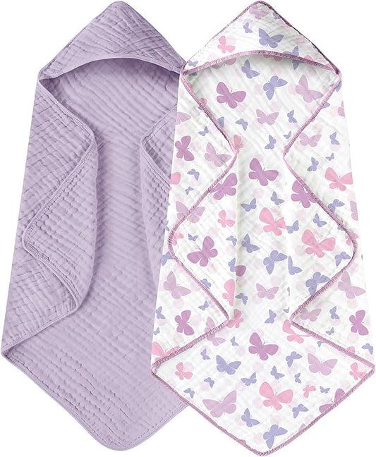 Yoofoss Hooded Baby Towels for Newborn 2 Pack 100% Muslin Organic Cotton Baby Bath Towel with Hood for Babies, Infant, Toddler and Kids, 32x32Inch, Soft and Absorbent Newborn Essential, Butterfly