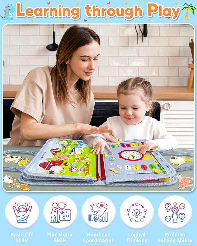 Gojmzo Busy Board Montessori Toys for Toddler Boy Girl Birthday Gifts, Busy Book Sensory Toys for Toddlers, Learning Educational Toddler Travel Activities