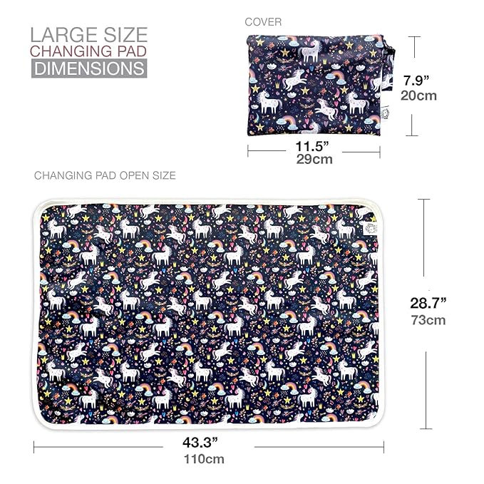 Flockthree Waterproof Baby Changing Pad with Storage Bag (43.3" X 28.7") Washable Wipeable Reusable Leak Proof Diaper Travel Mat Station Changing Mattress Liner Cribs Bed Cover, Unicorns