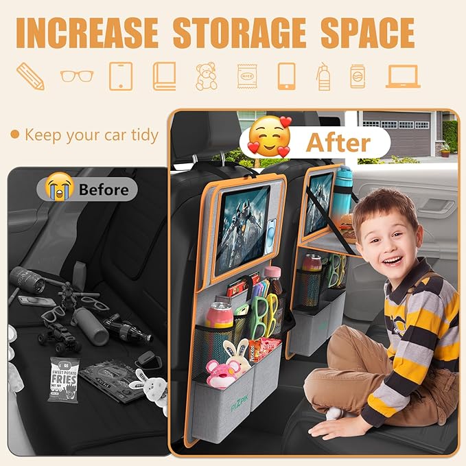 Car Backseat Organizer with Tablet Holder,11 Storage Pockets with Foldable Food Tray, Protector Kick Mats for Kids, Travel Accessories Organizer (Orange, 2Pack)