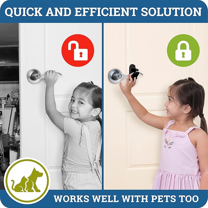 Door Lever Lock (2 Pack) Prevents Toddlers from Opening Doors. 3.25" L * 1.5" W * 4.5" H Easy One Hand Operation for Adults. Durable ABS with 3M Adhesive Backing. Simple Install, Black