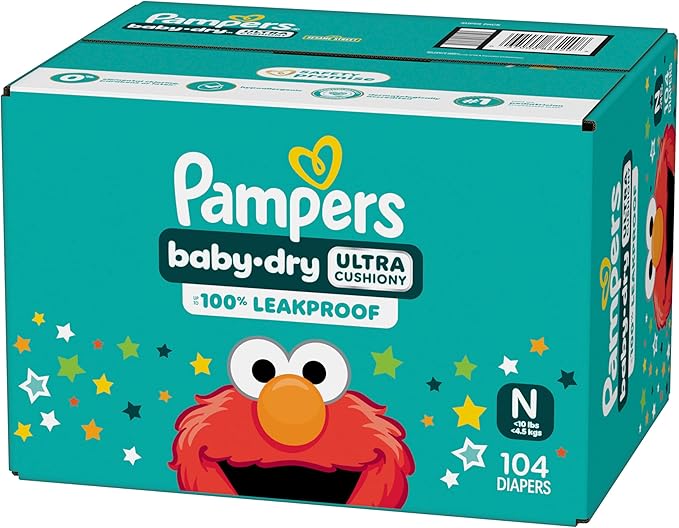Pampers Diapers - Baby Dry - Size 0, 104 Count, Absorbent Disposable Newbort Diaper (Packaging May Vary)