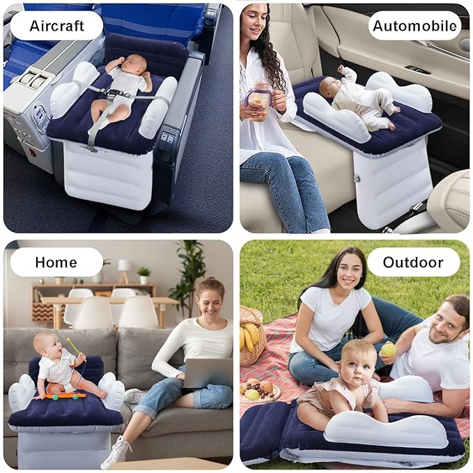 Inflatable-Toddler-Travel-Bed for Airplane Car Seat Portable Foldable Infant Travel Bed Baby Travel Crib with Sides,Hand Pump Safety Belt and Carry Bag Sets