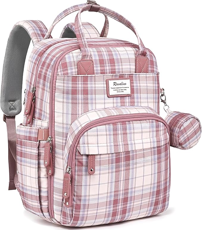 RUVALINO Diaper Bag Backpack, Multifunction Travel Pack Maternity Baby Changing Bags, Large Capacity, Waterproof, Pink Plaid