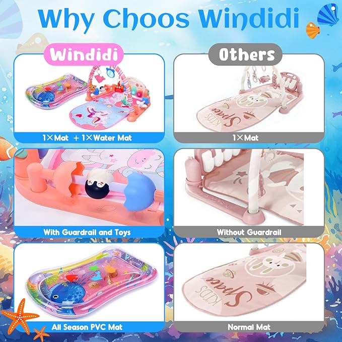 Baby Gyms Play Mats with Tummy Time Water Mat, Activity Mat Play Piano Gym with 5 Sensory Toys for Babies, Music and Lights Boy & Girl Gifts for Infant Newborn Babies 0-3 4-6 6-9 6-12 Months