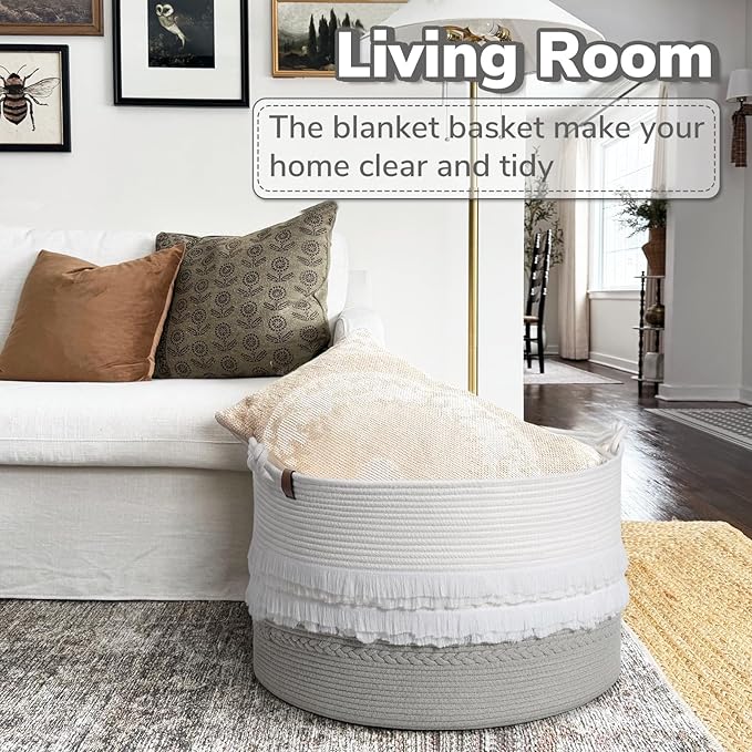CherryNow Extra Large Rope Basket for Toys, Grey Blanket Basket for Living Room, Entryway, Nursery Laundry Baskets for Clothes, 22 x 14 inches, 83L
