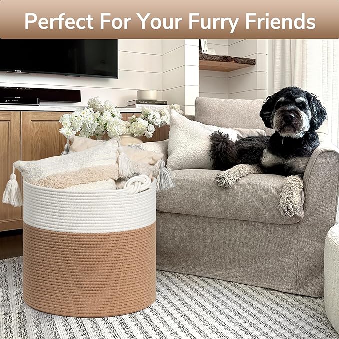 Goodpick Cotton Rope Storage Basket, 15 x 14.2 Inches Jute Woven Basket for Blankets Clothes Organizing, Baby Laundry Baskets Toy Storage With Handle, White Jute