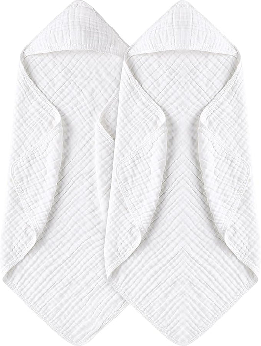 Yoofoss Hooded Baby Towels for Newborn 2 Pack 100% Muslin Organic Cotton Baby Bath Towel with Hood for Babies, Infant, Toddler and Kids, 32x32Inch, Soft and Absorbent Newborn Essential,White-2 Pack