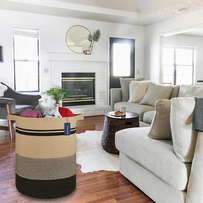 COMSE Extra Large Blanket Basket, Tall Laundry Basket, Nursery Hamper, 15.7”x 21.7”, Cotton Rope Woven Laundry Hamper for Storage Toys Clothes Towels, Brown/Black