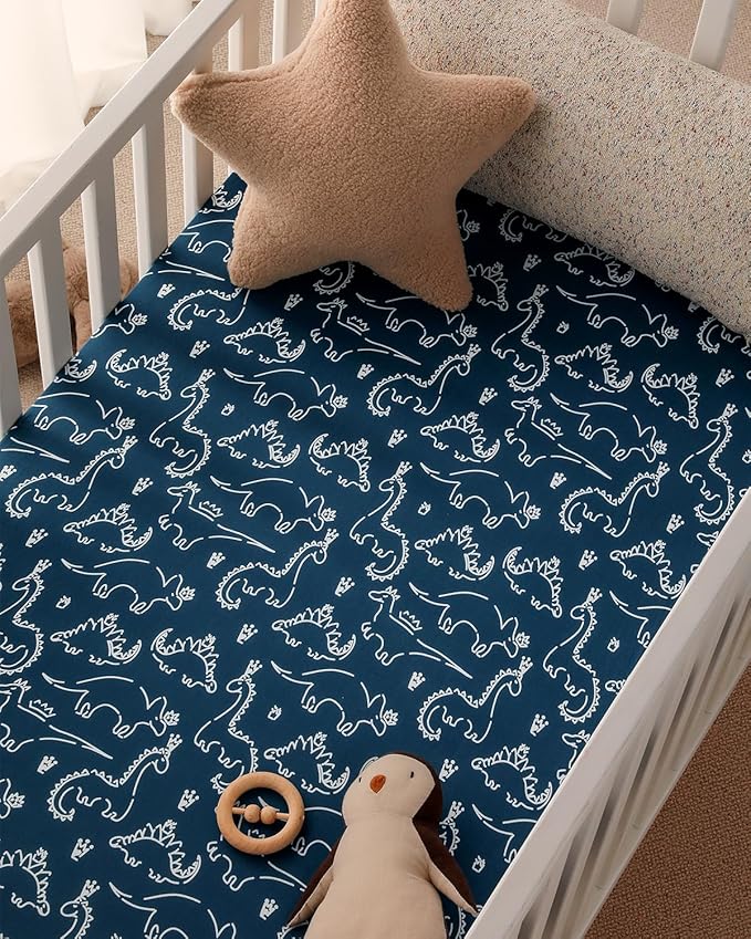 Yoofoss Baby Pack and Play Sheets 2 Pack for Boys and Girls - 38x26 Mini Crib Sheets Fitted Neutral Compatible with Graco Pack n Play Mattress,Ultra Soft Breathable Microfiber Dark Blue Dinosaurs