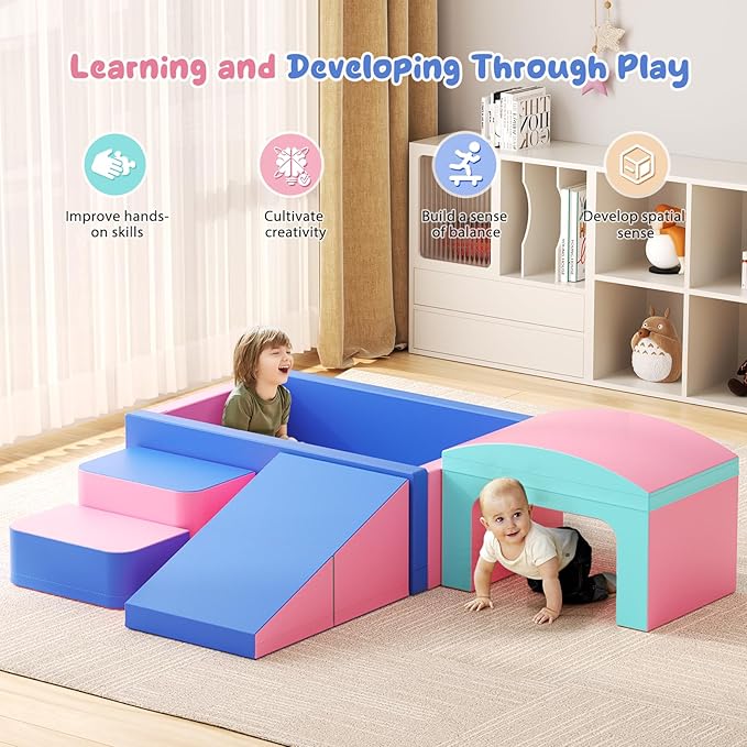 Lischwert Foam Climbing Blocks for Toddlers, Soft Play Ball Pit, Baby Climbing Blocks Soft Play Climbing for Toddlers with Foldable Block and Tunnel Indoor Climbing Toys for Toddler 1-3