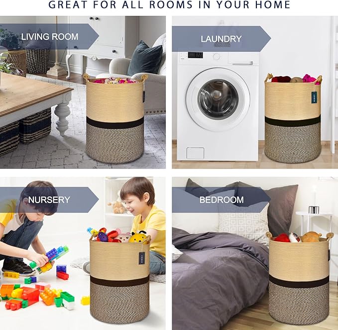 COMSE Extra Large Blanket Basket, Tall Woven Storage Basket, Nursery Hamper, 15.7”x 21.7”, Cotton Rope Laundry Hamper for Toys Clothes Towels, Blend Brown/Black