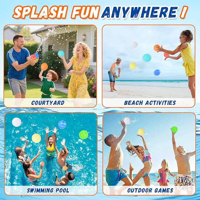 Reusable Water Balloons, 12 Pcs Self-Sealing Quick Fill Silicone Water Bombs, One-Hand Easy Fill Refillable Summer Pool Toys for Kids & Adults, Durable Splash Balls for Water Fight Games