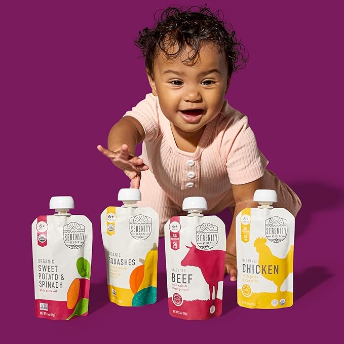 Serenity Kids 6+ Months Meats + Veggies Mixed Baby Food Puree Pouch Variety Pack 18 Count- No Sugary Fruits or Added Sugar - 3.5 Oz BPA & Allergen Free Pouch- Baby Puree Variety Pack - Pouches - Bison
