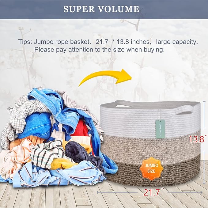 Extra Large Blanket Basket 87L, Laundry Hamper, Baby Nursery Hamper for Storage Toys Clothes Towels, Large Cotton Rope Laundry Basket for Girls Boys, 22”x 14”, White & Gradient Brown