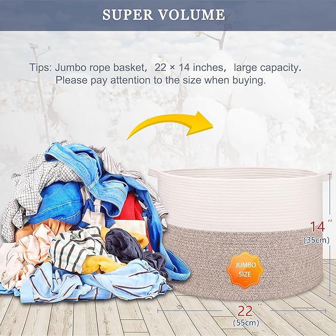 Extra Large Blanket Basket 87L, Laundry Hamper, Baby Nursery Hamper for Storage Toys Clothes Towels, Large Cotton Rope Laundry Basket for Girls Boys, 22”x 14”, White & Brown
