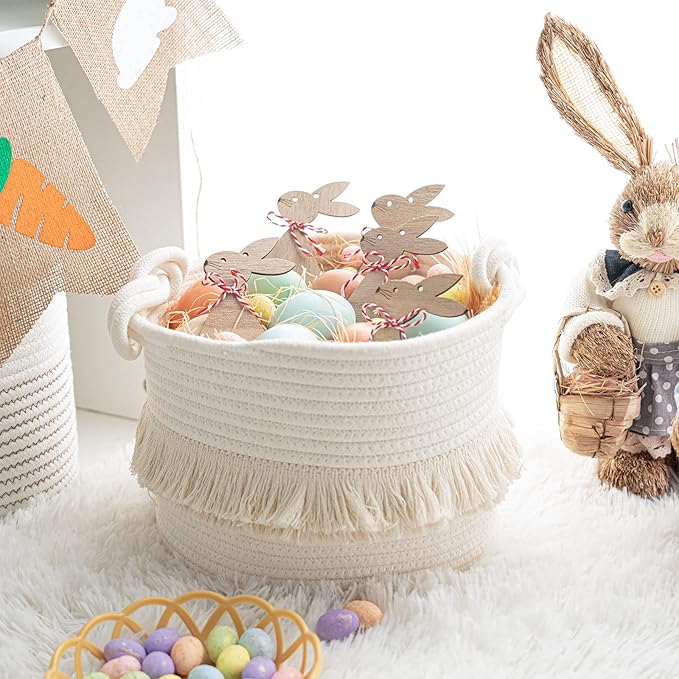 CherryNow Small Woven Storage Baskets, 9.5'' x 7'' inches Cotton Rope Decorative Hamper for Diaper, Blankets, Magazine and Keys, Cute Tassel Nursery Decor - Home Storage Container, Off-white