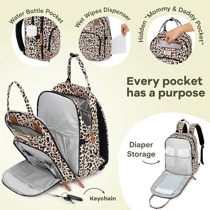 RUVALINO Diaper Bag Backpack-Multifunction Baby Travel Bag with Changing pad, Insulated Bottle Holders & Pacifier Case, Large Capacity, Waterproof, Yellow Leopard