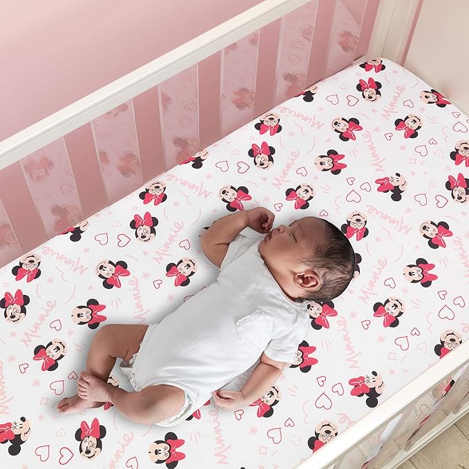 Lambs & Ivy Disney Baby Minnie Mouse Love White/Pink Heart Fitted Crib Sheet