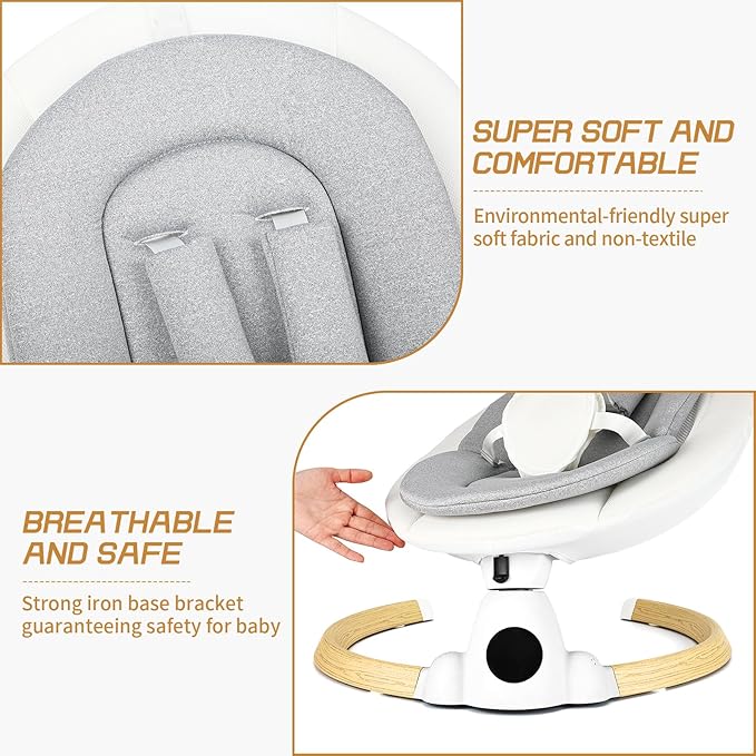 Baby Swing for Infants, Portable Electric Baby Swings with Bluetooth, 5 Swing Speed, 10 Lullabies, 5-Point Harness, Remote Control & Touch Panel - Infant Swing for Indoor & Outdoor Use, Wood Grain
