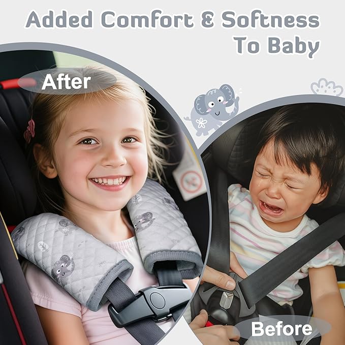 INFANZIA Car Seat Strap Covers for Infants Babies, Soft Carseat Shoulder Pads for Kids, Double-Sided Use Seatbelt Cushion Covers for Stroller, Pushchair & High Chair (Gray)