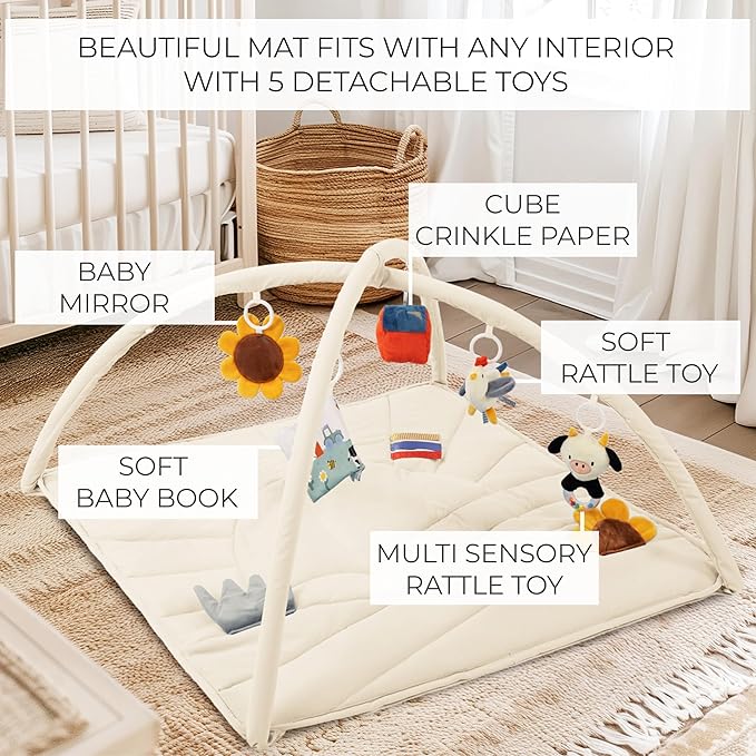 Beautiful Baby Play Gym and Tummy Time Mat - Soft Mat with 5 Farm Toys Creates The Perfect Activity Area for Your Girl/Boy - Stylish Infant Floor Playmat Fits Nicely with Any Playroom Decor