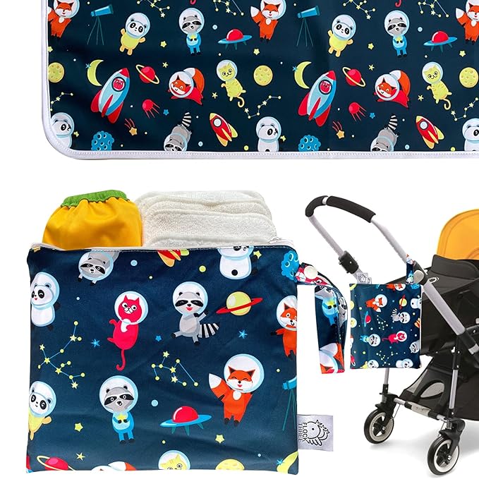 Flockthree Waterproof Baby Changing Pad with Storage Bag (28.7" X 19.7") Washable Wipeable Reusable Leak Proof Diaper Travel Mat Station Changing Mattress Liner Cribs Bed Cover, Aircraft