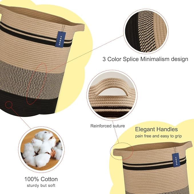 COMSE Extra Large Blanket Basket, Tall Laundry Basket, Nursery Hamper, 15.7”x 21.7”, Cotton Rope Woven Laundry Hamper for Storage Toys Clothes Towels, Brown/Black