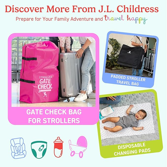 J.L. Childress Gate Check Travel Bag for Car Seats - Car Seat Travel Bag for Airplane, Includes AIRTAG Holder, Fits All Baby Car Infant Carriers & Child Booster Seats - Neon Pink